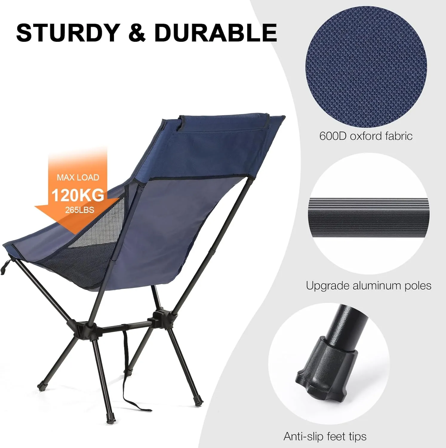 Folding Camping Chairs Men Women, High Back Beach Camping Chairs for Adults, Lightweight Backpacking Travel Chair for Hiking Outside Picnic, Blue