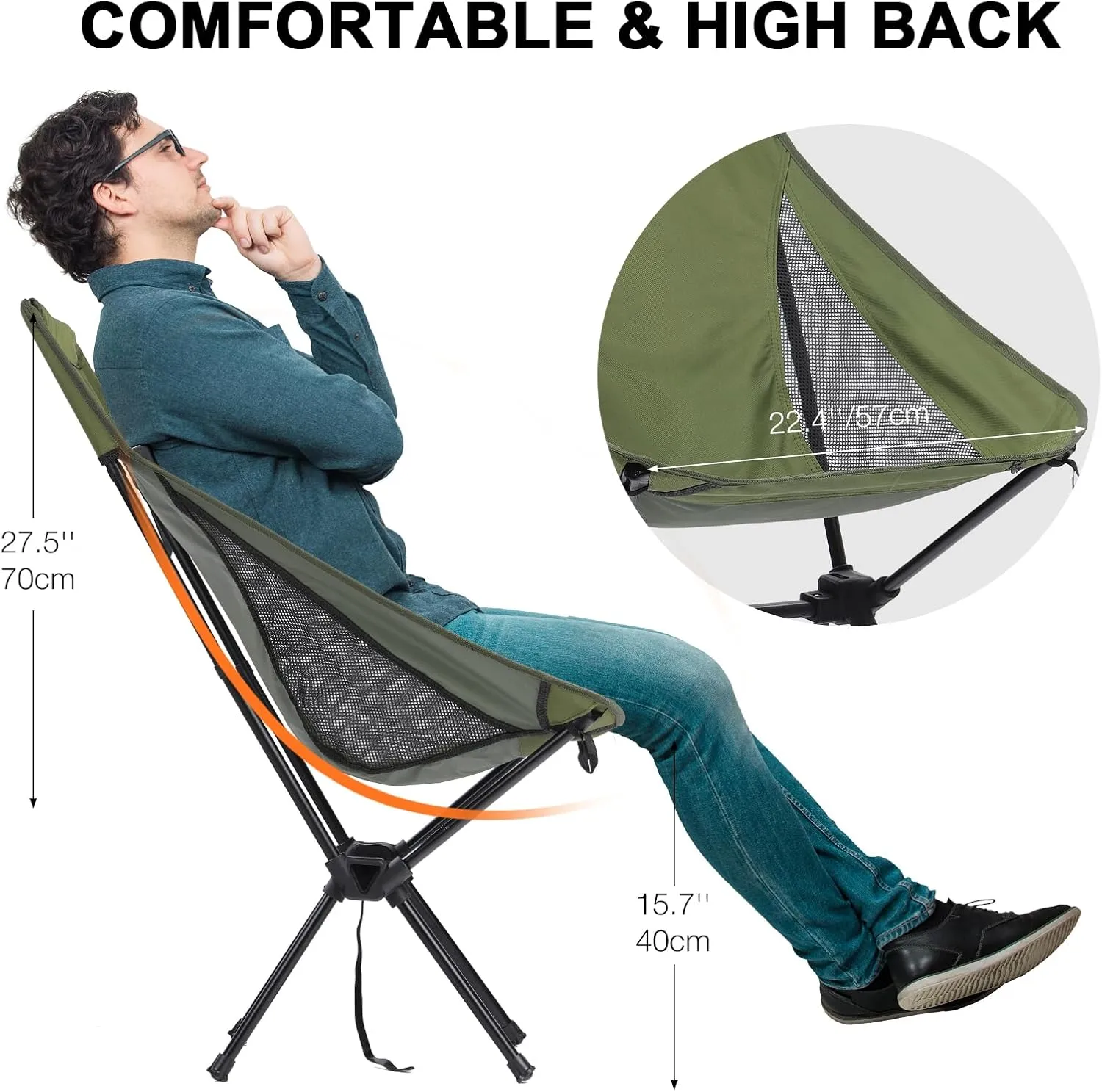 Folding Camping Chairs Men Women, High Back Beach Camping Chairs for Adults, Lightweight Backpacking Travel Chair for Hiking Outside Picnic, Green