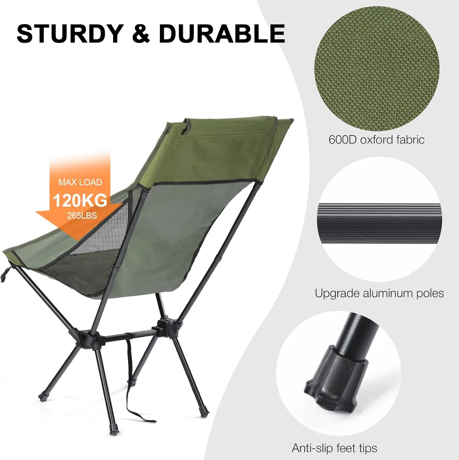 Folding Camping Chairs Men Women, High Back Beach Camping Chairs for Adults, Lightweight Backpacking Travel Chair for Hiking Outside Picnic, Green