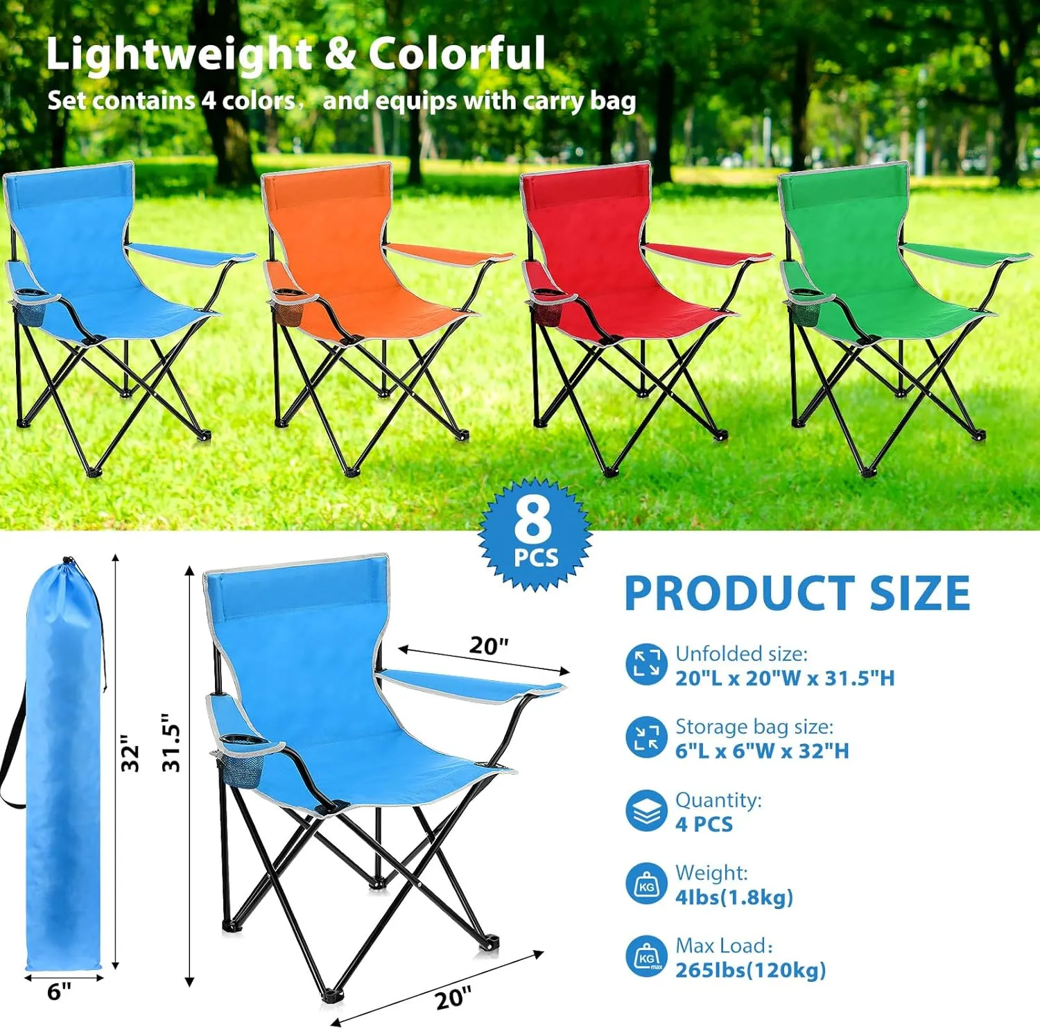 Folding Camping Chairs with Cupholder and Carry Bag Portable Lightweight Lawn Chairs with Mesh Side Pocket for Fishing Hiking Picnic Party Beach Outdoor Sports Activity (Classical,8 Pcs)