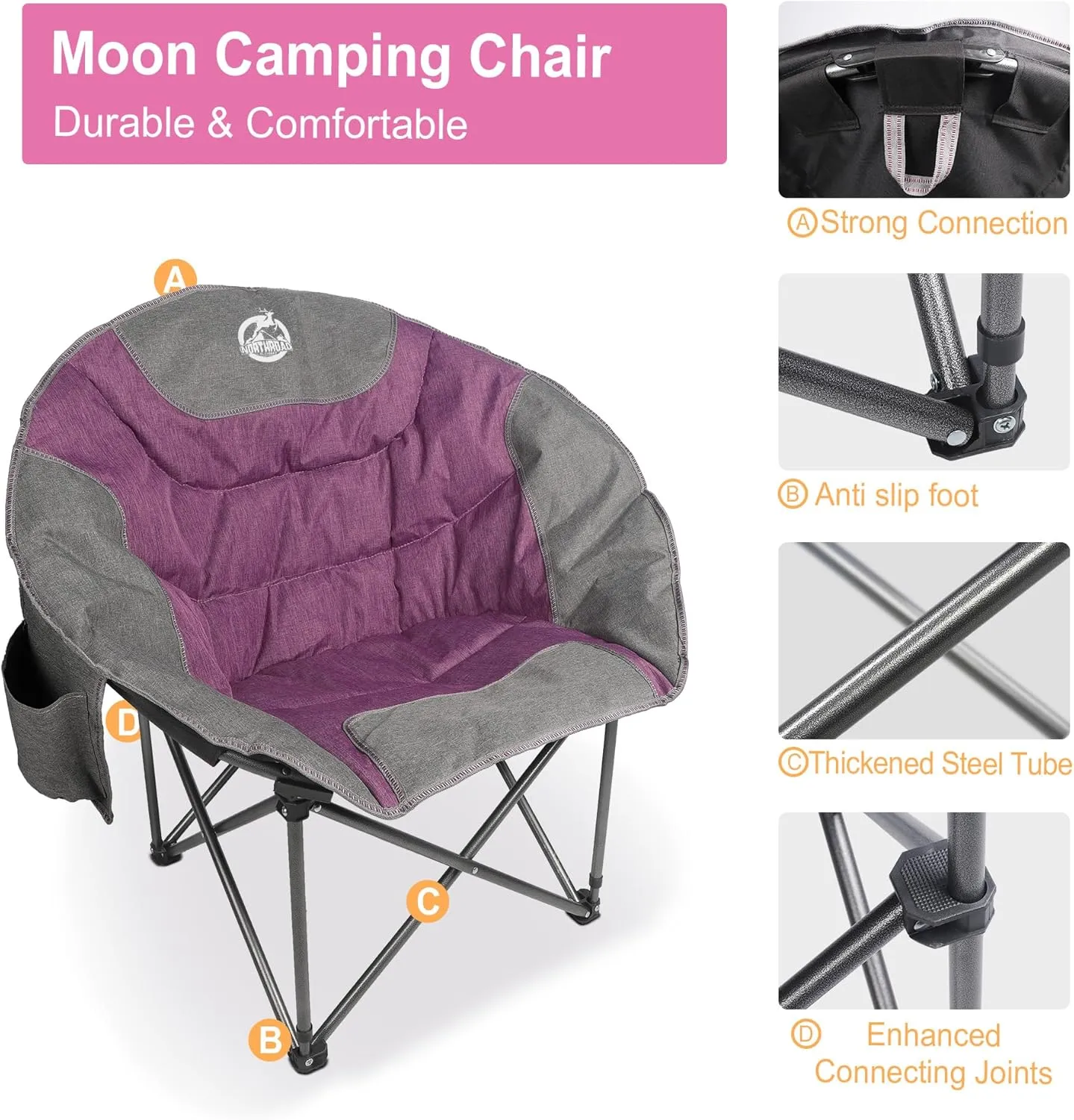 Folding Camping Moon Chair Outdoor Padded Saucer Round Chair with Cup Holder Cooler Bag Supports up to 300 lbs for Beach Hiking Fishing Picnic Lawn,Purple