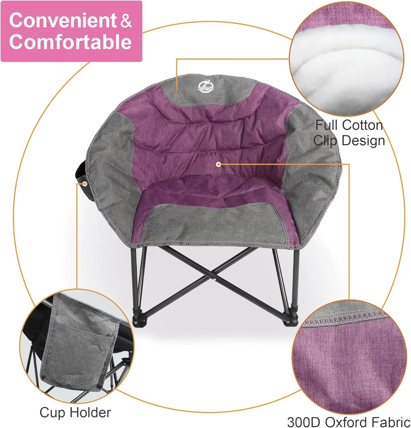 Folding Camping Moon Chair Outdoor Padded Saucer Round Chair with Cup Holder Cooler Bag Supports up to 300 lbs for Beach Hiking Fishing Picnic Lawn,Purple