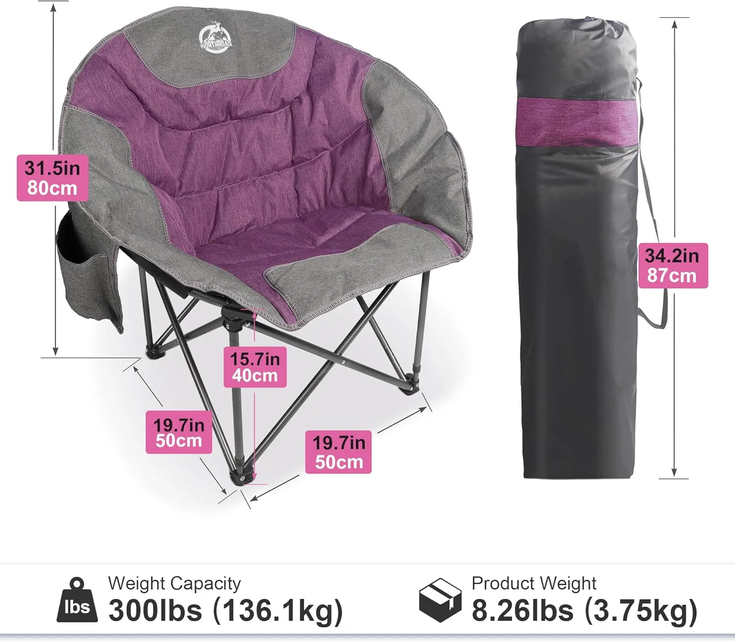 Folding Camping Moon Chair Outdoor Padded Saucer Round Chair with Cup Holder Cooler Bag Supports up to 300 lbs for Beach Hiking Fishing Picnic Lawn,Purple