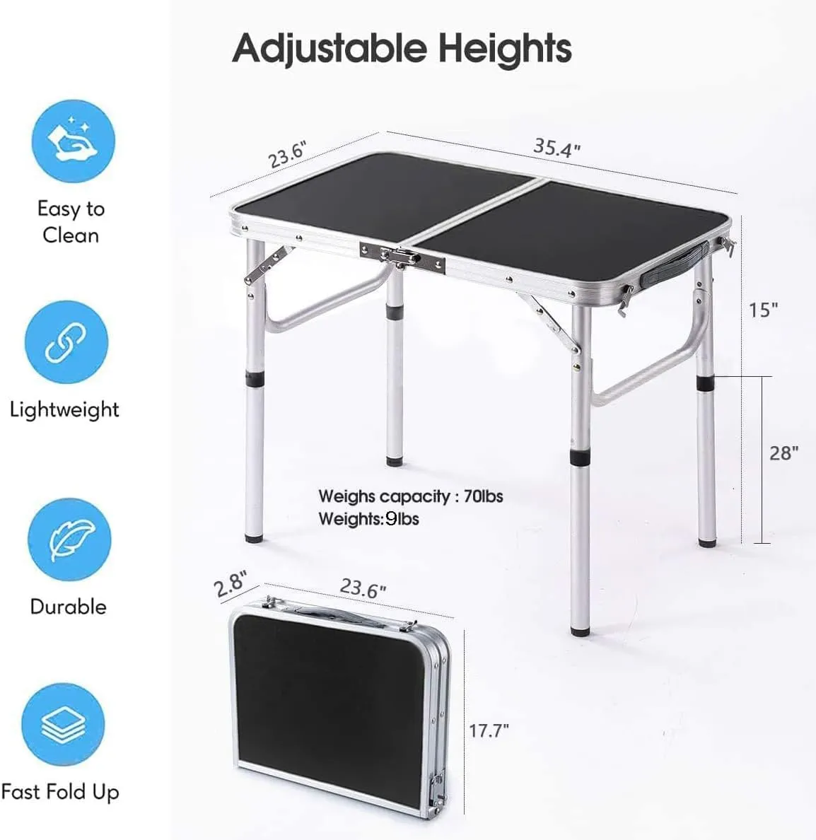 Folding Camping Table, 36''L x24''W Camp Aluminum Table with Adjustable Height Legs, Indoor Outdoor Lightweight Portable Folding Dining Table for Camp Picnic Beach 3Ft black 2 Heights 15"/28"）