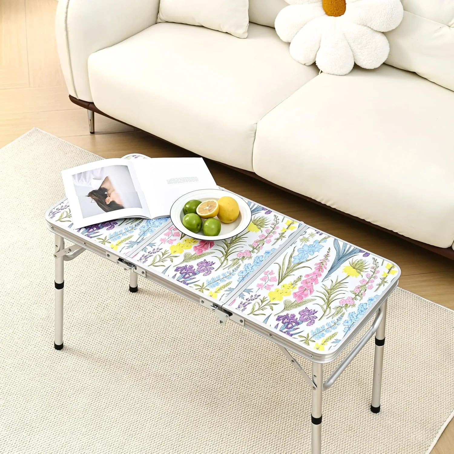 Folding Camping Table 3ft Portable Pinic Table Adjustable Height Small Card Table Aluminum Foldable Lightweight with Carry Handle for Outdoor Indoor Hiking Camp BBQ Beach (Blooming Floral)