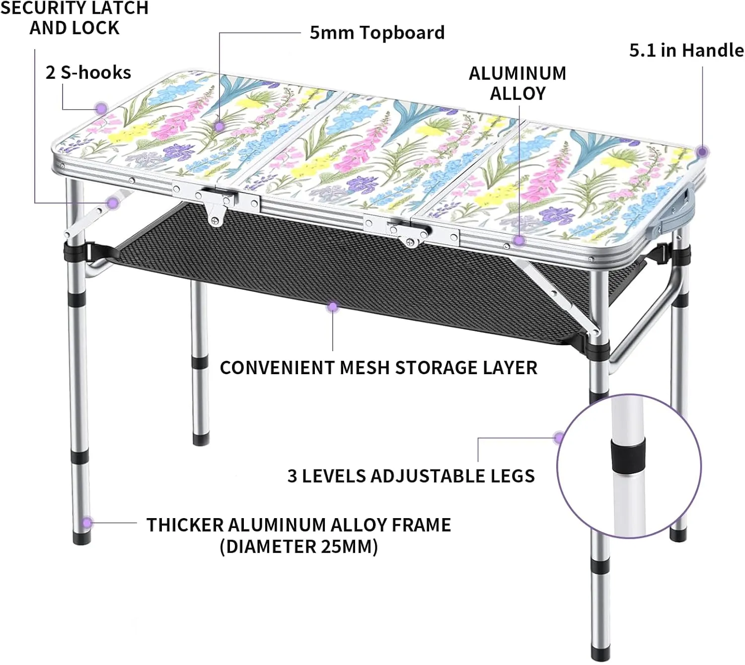 Folding Camping Table 3ft Portable Pinic Table Adjustable Height Small Card Table Aluminum Foldable Lightweight with Carry Handle for Outdoor Indoor Hiking Camp BBQ Beach (Blooming Floral)
