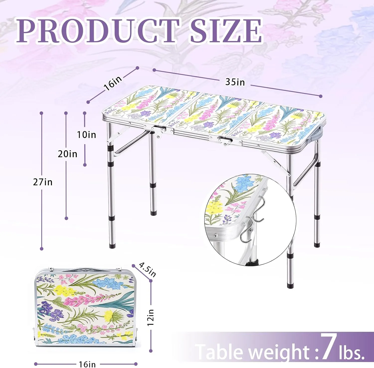 Folding Camping Table 3ft Portable Pinic Table Adjustable Height Small Card Table Aluminum Foldable Lightweight with Carry Handle for Outdoor Indoor Hiking Camp BBQ Beach (Blooming Floral)