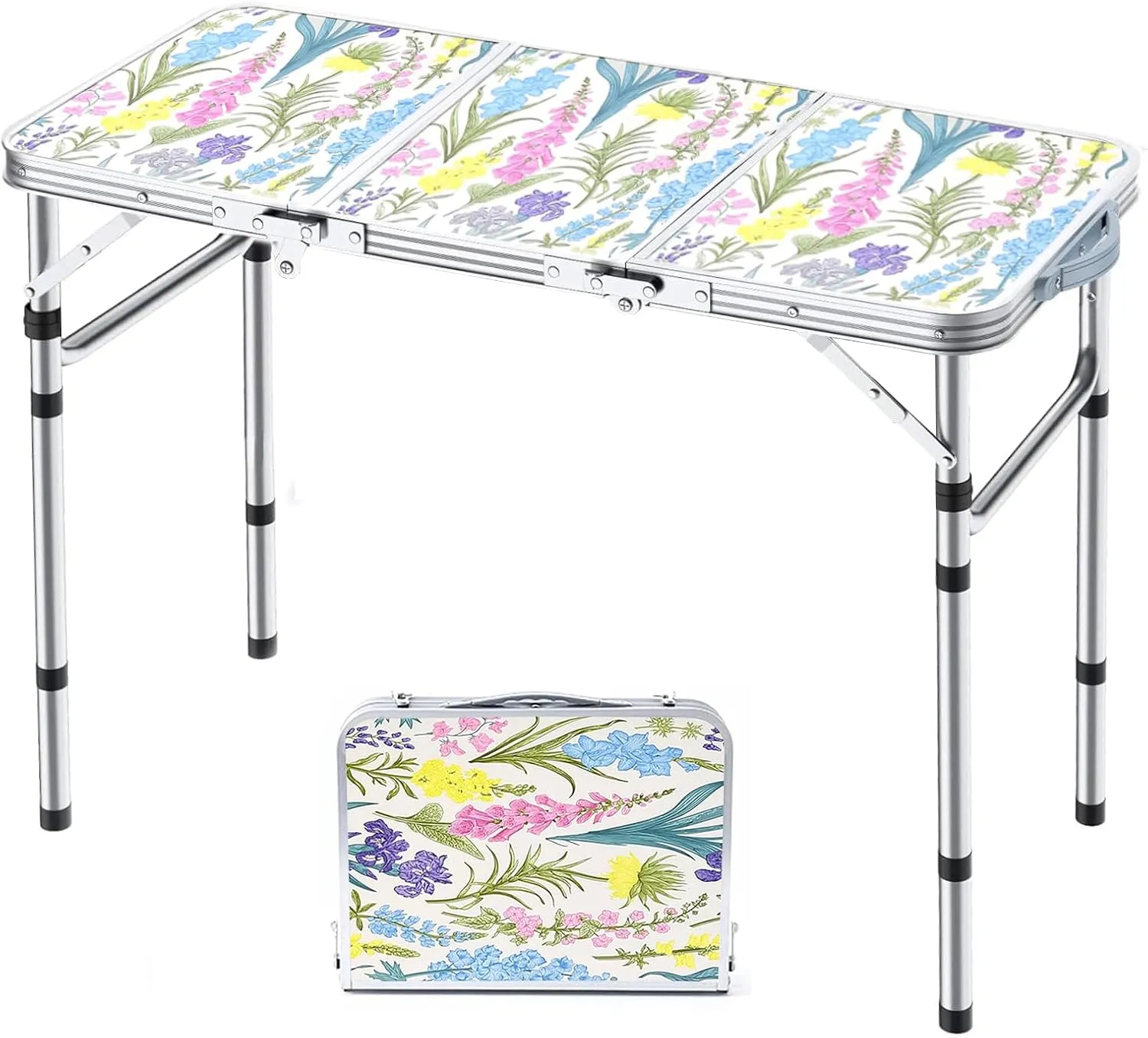 Folding Camping Table 3ft Portable Pinic Table Adjustable Height Small Card Table Aluminum Foldable Lightweight with Carry Handle for Outdoor Indoor Hiking Camp BBQ Beach (Blooming Floral)