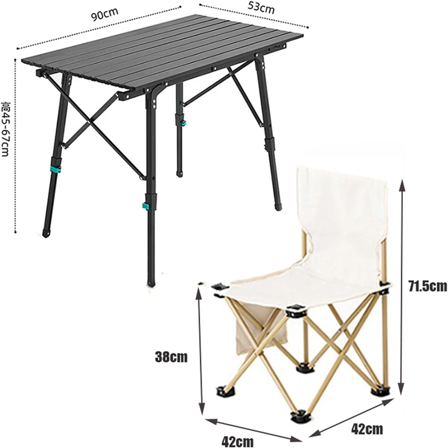 Folding Camping Table & Chairs Set, Portable Lightweight Picnic Table Adjustable Height Aluminum Table Collapsible Padded Arm Chair for Outdoor Cooking Beach Hiking Fishing, Black-Beige-5PCS