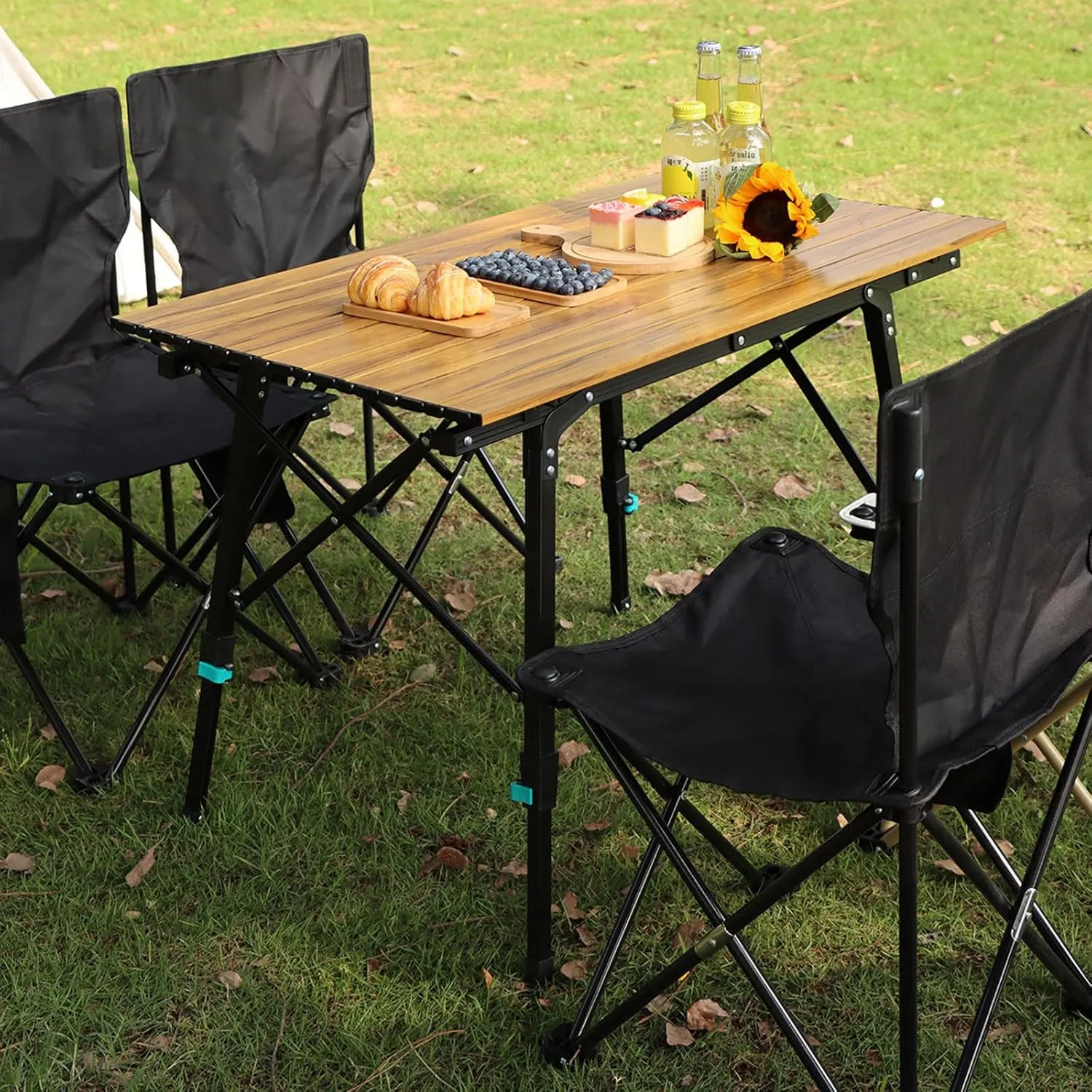 Folding Camping Table & Chairs Set, Portable Lightweight Picnic Table Adjustable Height Aluminum Table Collapsible Padded Arm Chair for Outdoor Cooking Beach Hiking Fishing, Black-Beige-5PCS