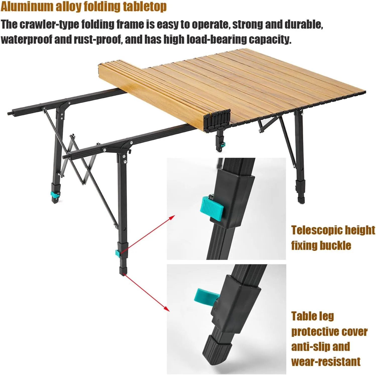 Folding Camping Table & Chairs Set, Portable Lightweight Picnic Table Adjustable Height Aluminum Table Collapsible Padded Arm Chair for Outdoor Cooking Beach Hiking Fishing, Black-Beige-5PCS
