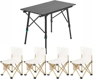 Folding Camping Table & Chairs Set, Portable Lightweight Picnic Table Adjustable Height Aluminum Table Collapsible Padded Arm Chair for Outdoor Cooking Beach Hiking Fishing, Black-Beige-5PCS