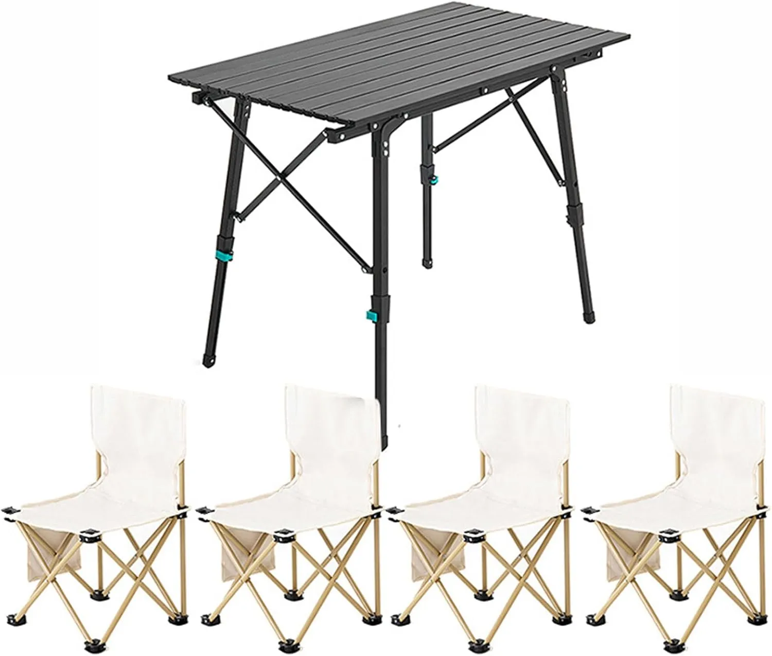 Folding Camping Table & Chairs Set, Portable Lightweight Picnic Table Adjustable Height Aluminum Table Collapsible Padded Arm Chair for Outdoor Cooking Beach Hiking Fishing, Black-Beige-5PCS
