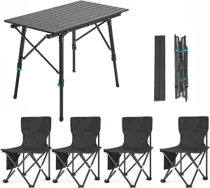 Folding Camping Table and airs, Adjustable Height Folding Table with Roll-Up Table Top, Portable Lightweight Picnic Table air Set for Outdoor, Bea, Backyards Party