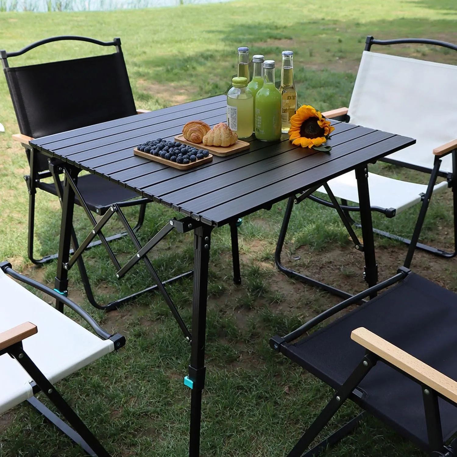 Folding Camping Table and airs, Adjustable Height Folding Table with Roll-Up Table Top, Portable Lightweight Picnic Table air Set for Outdoor, Bea, Backyards Party