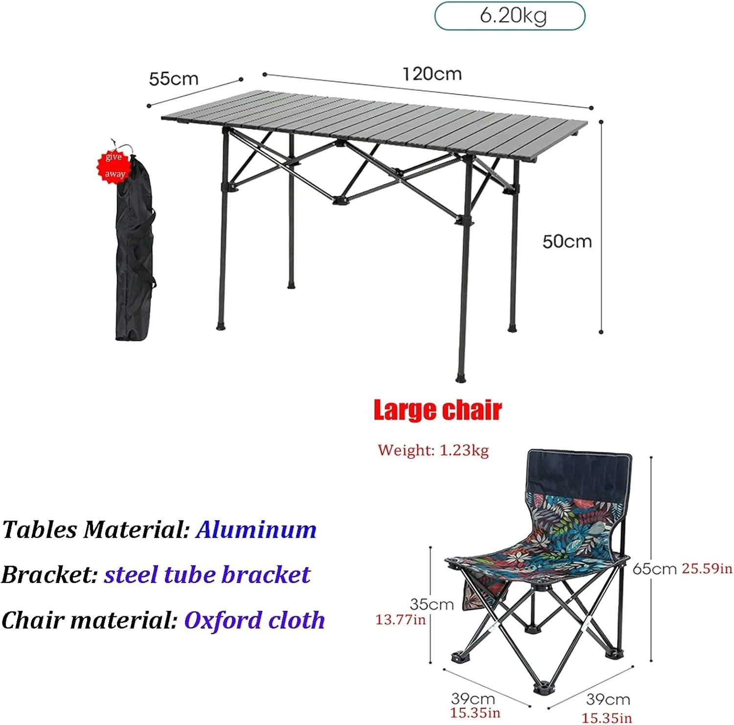 Folding Camping Table Outdoor 6-Person Set, Portable Aluminum Alloy Roll Folding Picnic Table, Load-Bearing 100kg, 120x55x50cm