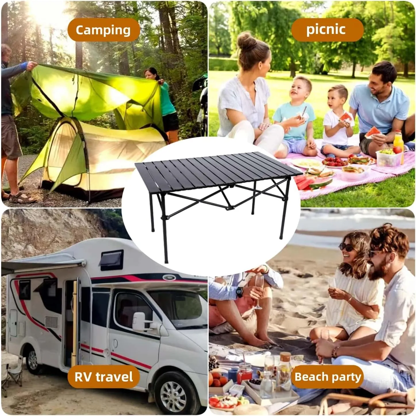 Folding Camping Table, Portable Beach Table,with Portable Bag，Suitable for Indoor, Outdoor, Camping, Backyard, Party, Patio, The Black Camping Table at The Beach