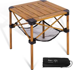 Folding Camping Table, Portable Lightweight Aluminum Camp Table Roll Up Top with Storage Net for Outdoor, Camping, Picnic, Backyards, BBQ(Woodgrain, 15.8 x 15.8 x 15.8in)
