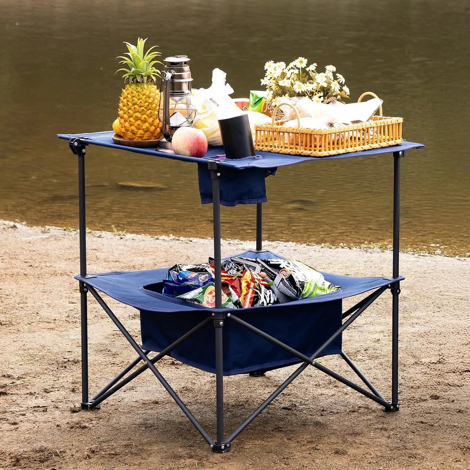 Folding Camping Table, Portable Outdoor Picnic Table, Rectangular Lightweight Camp Table with Storage, Cup Holder and Carry Bag for Barbeque Beach Camping and Tailgate