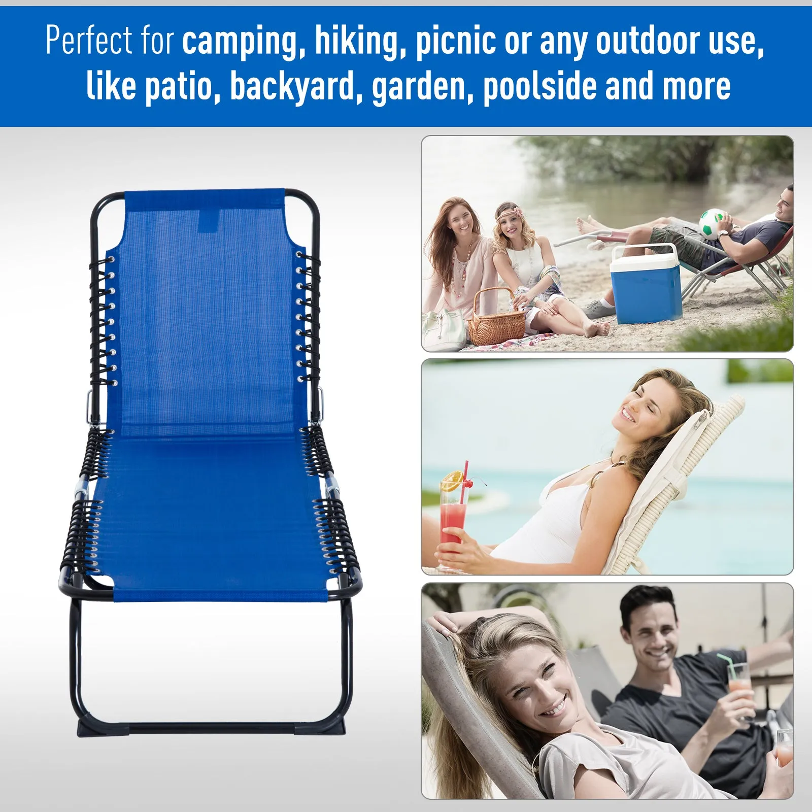 Folding Chaise Lounge Chair with 4-Position Recline, Breathable Mesh & Bungee Seat, Blue