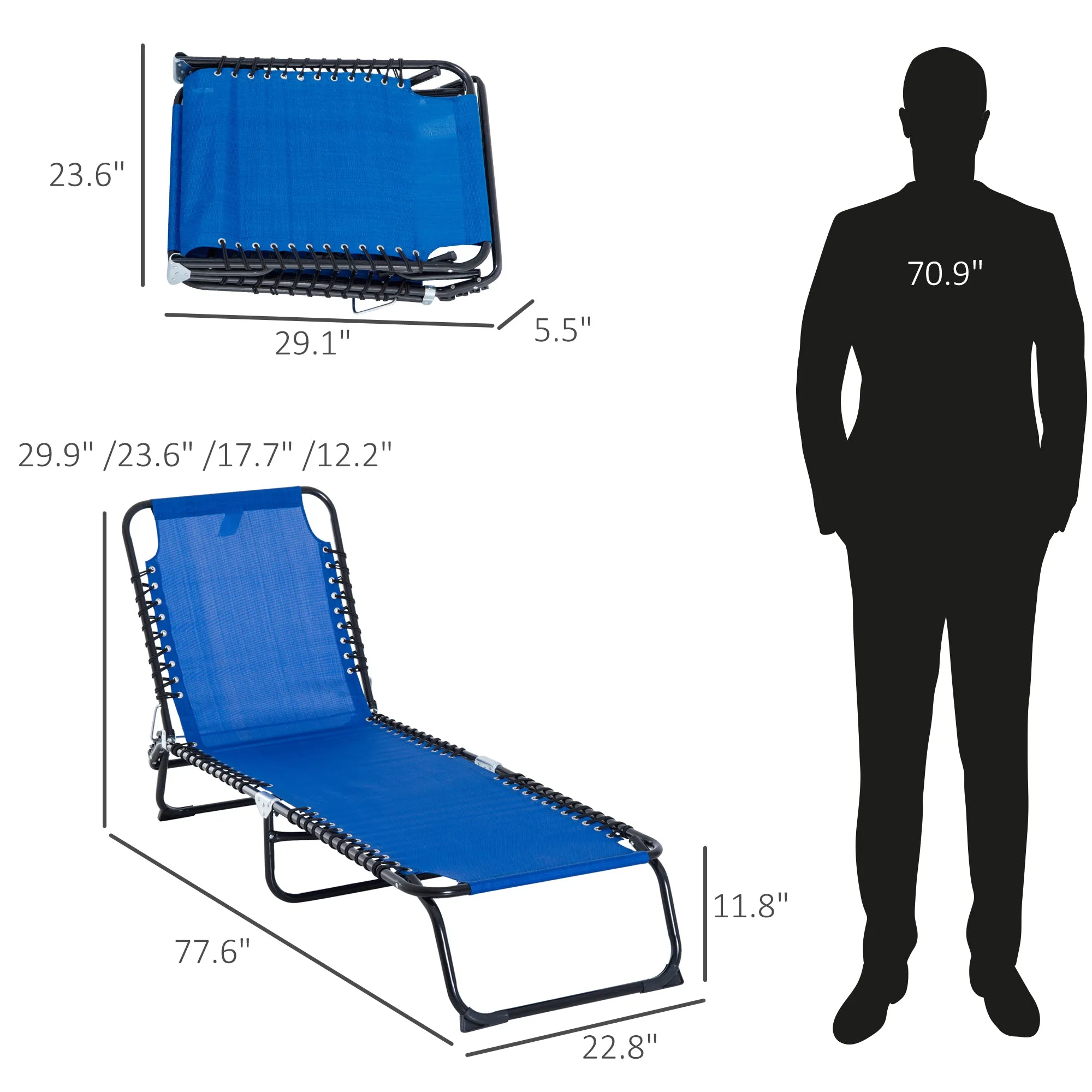 Folding Chaise Lounge Chair with 4-Position Recline, Breathable Mesh & Bungee Seat, Blue