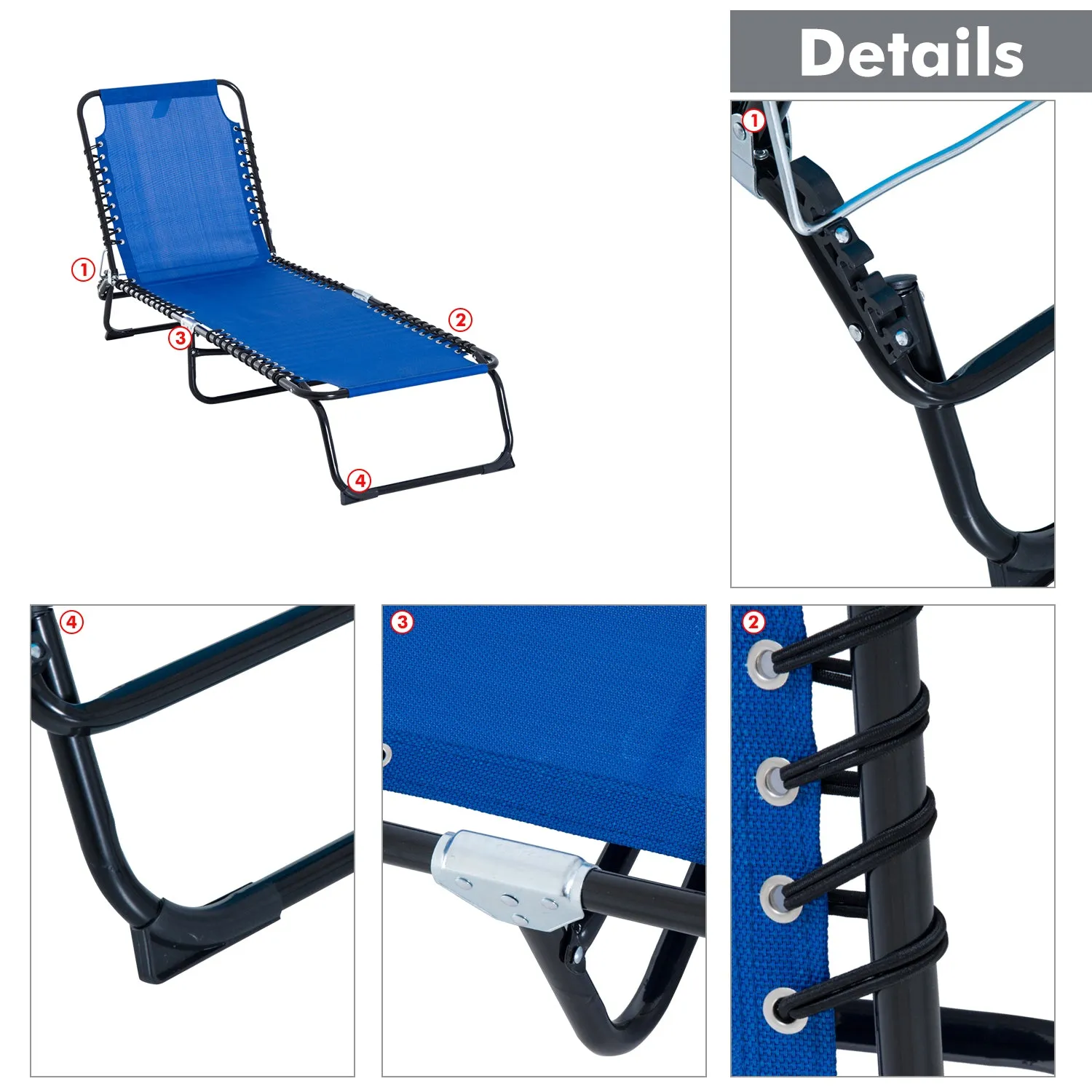 Folding Chaise Lounge Chair with 4-Position Recline, Breathable Mesh & Bungee Seat, Blue