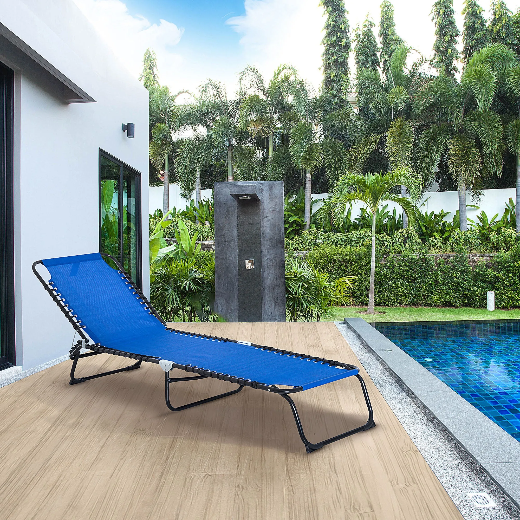 Folding Chaise Lounge Chair with 4-Position Recline, Breathable Mesh & Bungee Seat, Blue