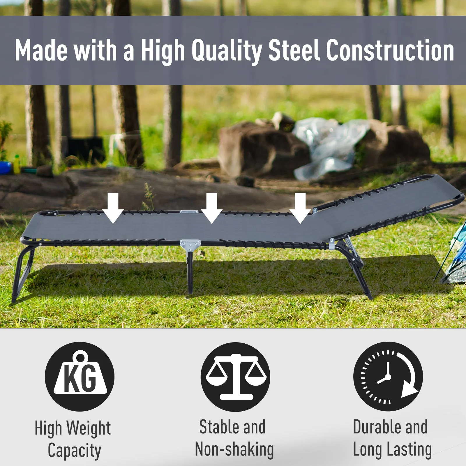 Folding Chaise Lounge Chair with 4-Position Recline, Breathable Mesh & Bungee Seat, Gray