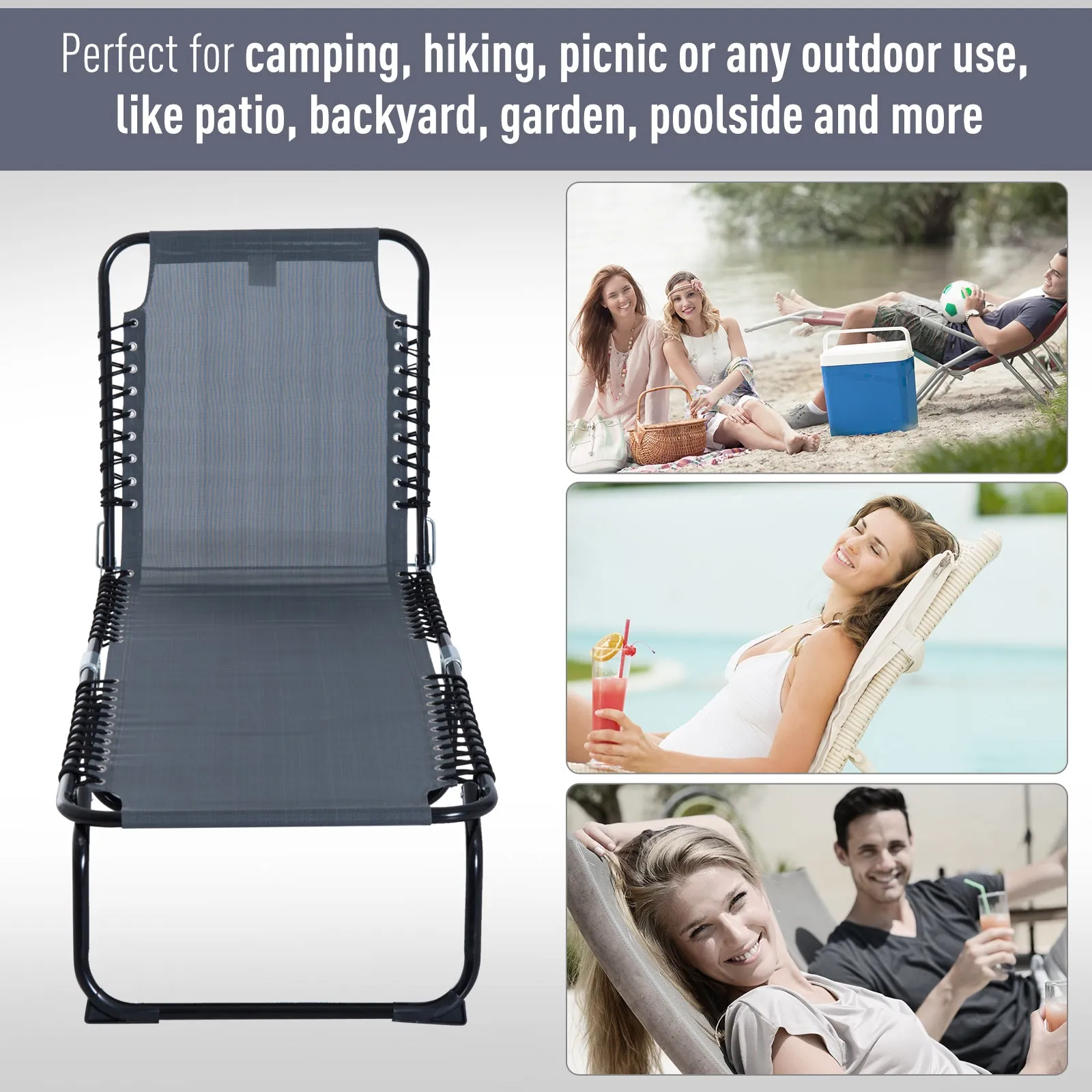 Folding Chaise Lounge Chair with 4-Position Recline, Breathable Mesh & Bungee Seat, Gray