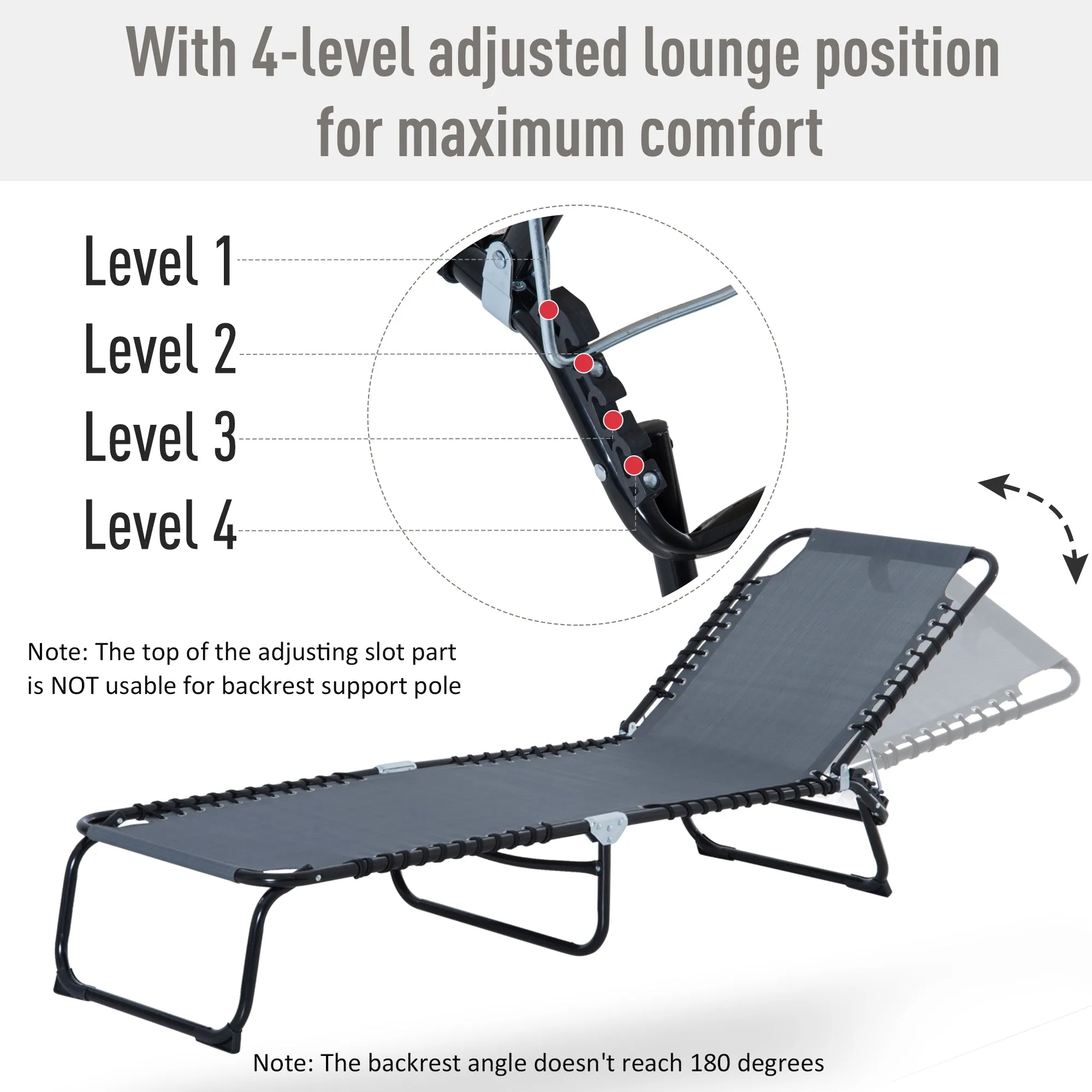 Folding Chaise Lounge Chair with 4-Position Recline, Breathable Mesh & Bungee Seat, Gray