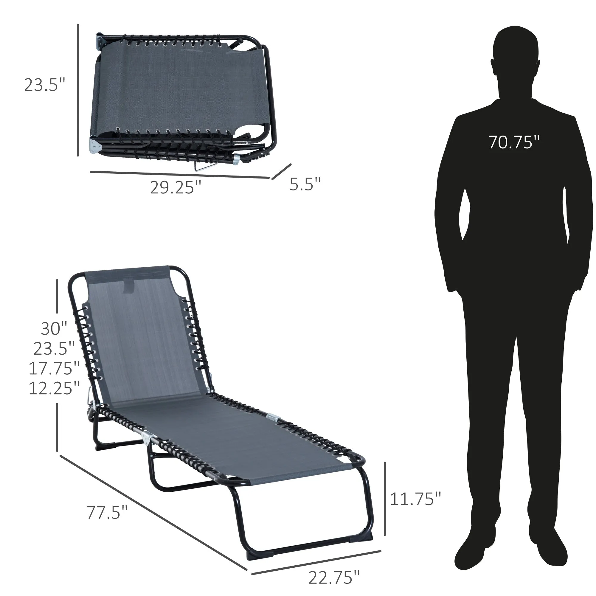 Folding Chaise Lounge Chair with 4-Position Recline, Breathable Mesh & Bungee Seat, Gray