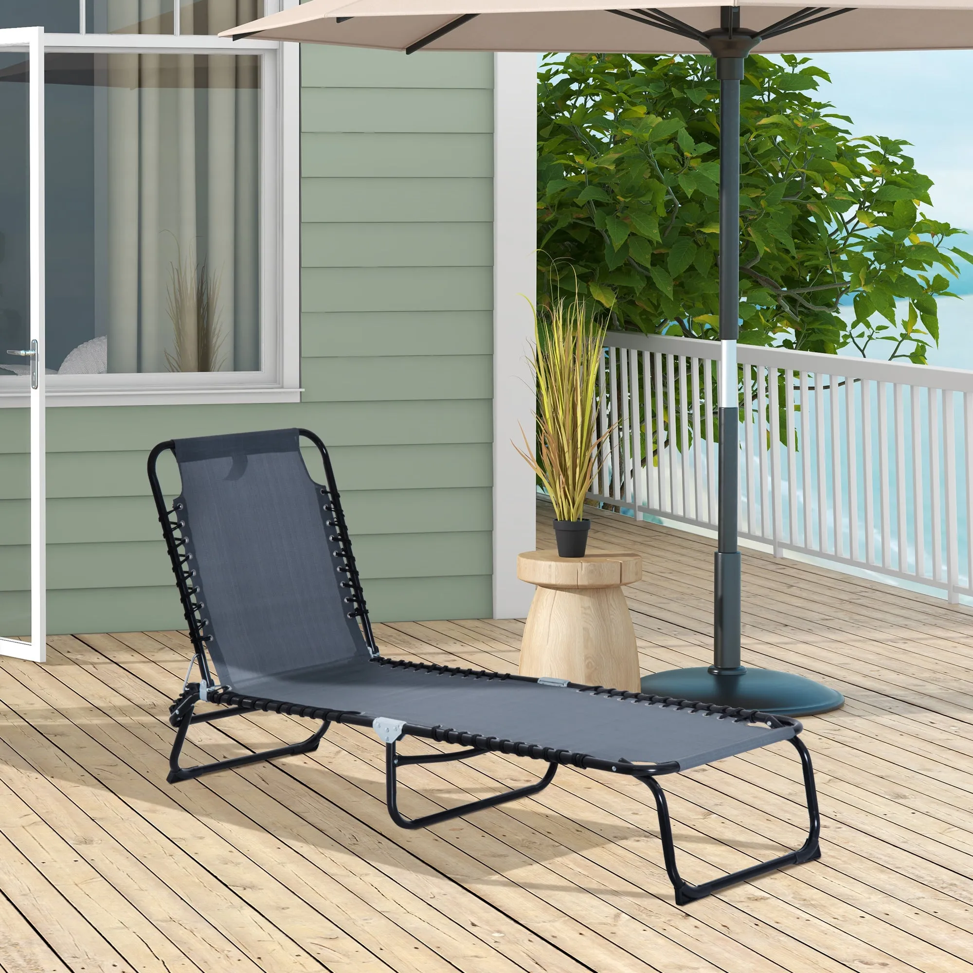 Folding Chaise Lounge Chair with 4-Position Recline, Breathable Mesh & Bungee Seat, Gray