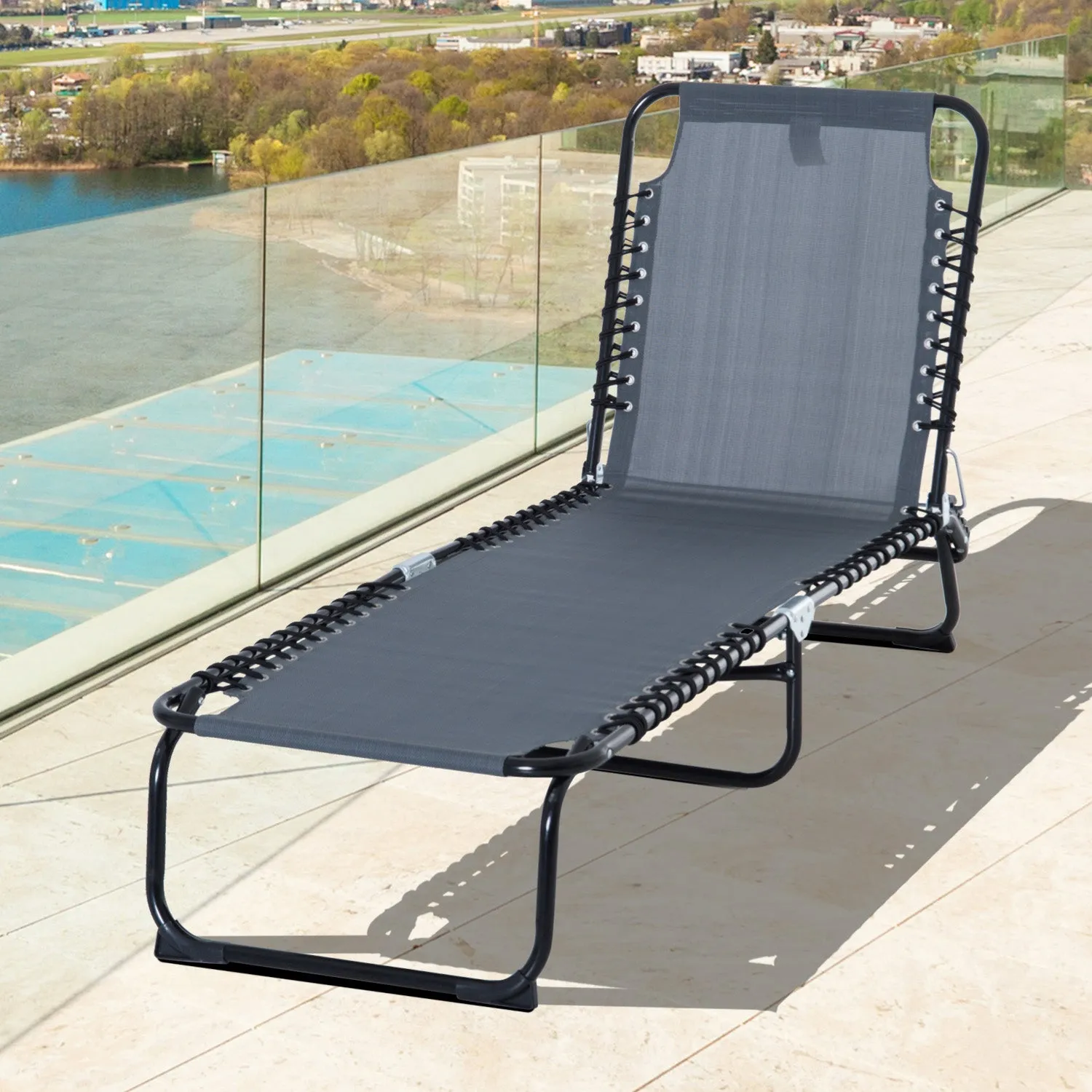 Folding Chaise Lounge Chair with 4-Position Recline, Breathable Mesh & Bungee Seat, Gray