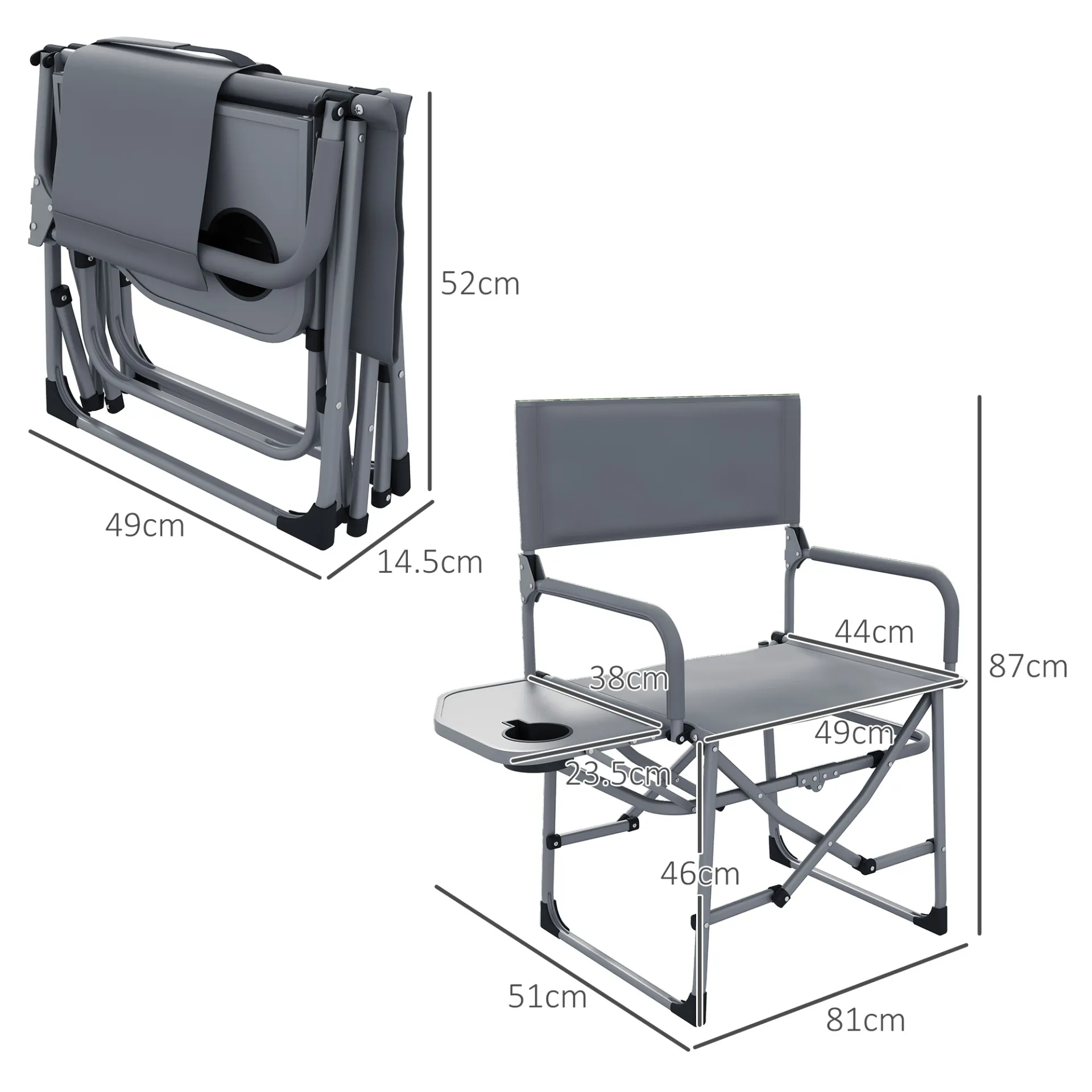 Folding Directors Camping Chair, with Side Table - Grey | Outsunny
