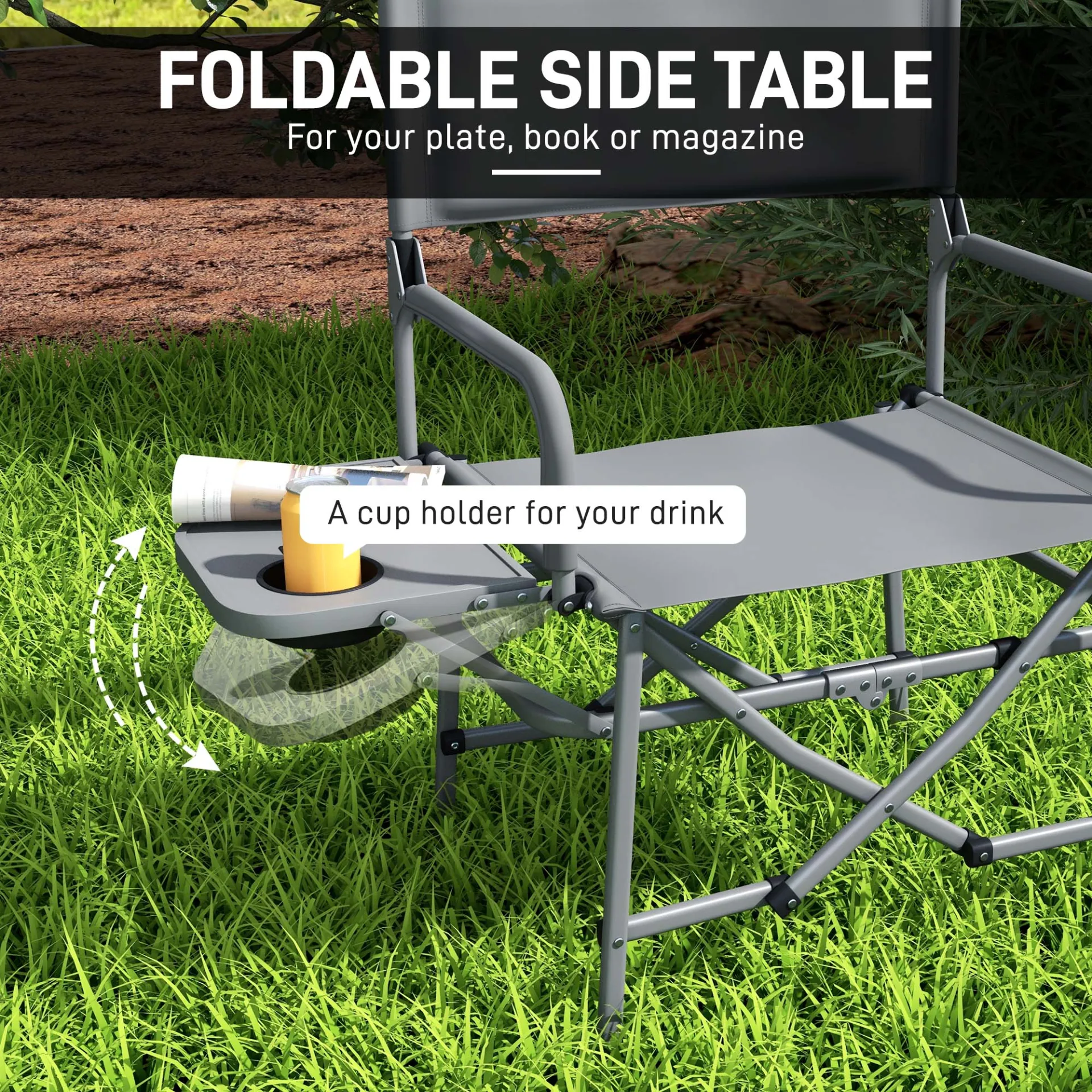 Folding Directors Camping Chair, with Side Table - Grey | Outsunny