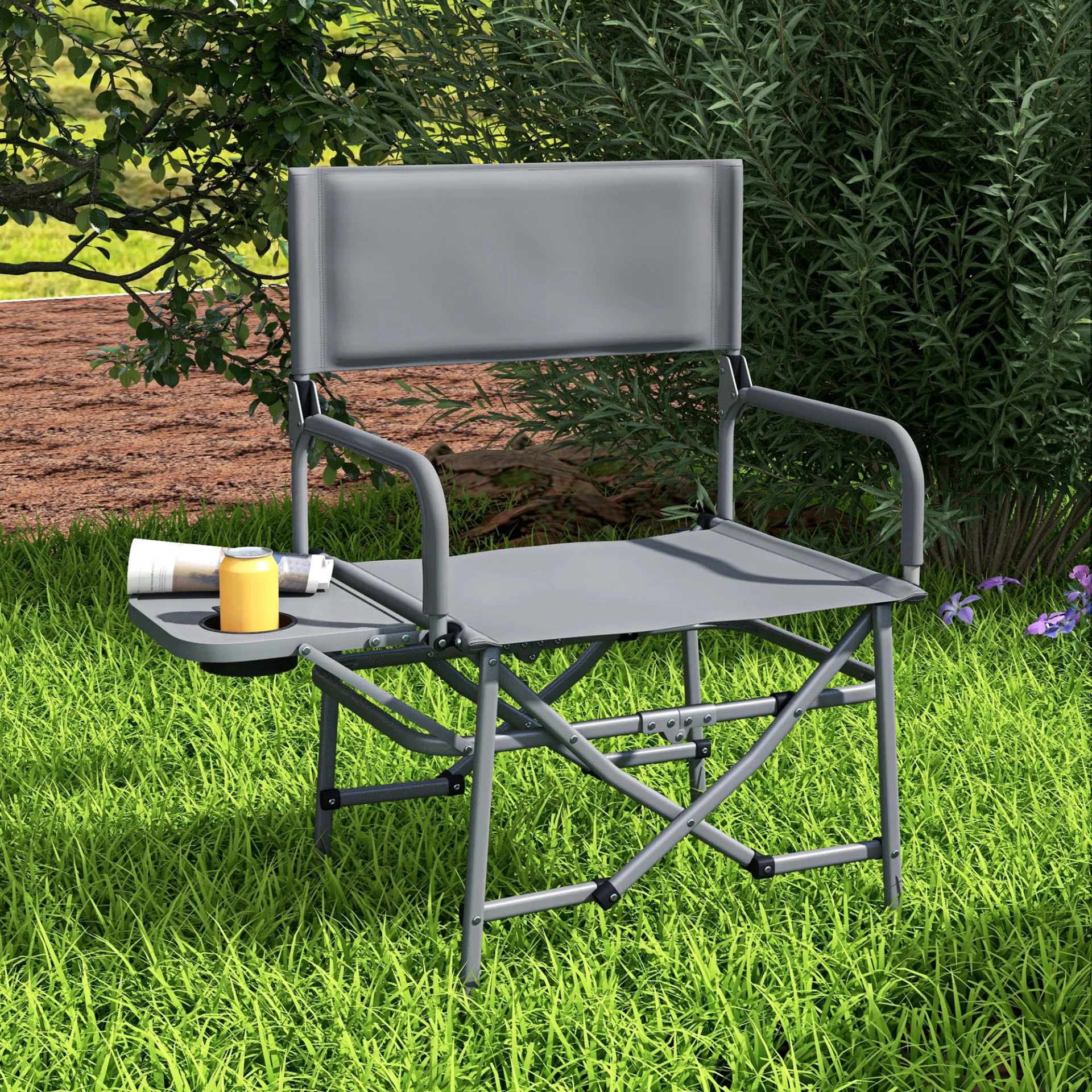 Folding Directors Camping Chair, with Side Table - Grey | Outsunny