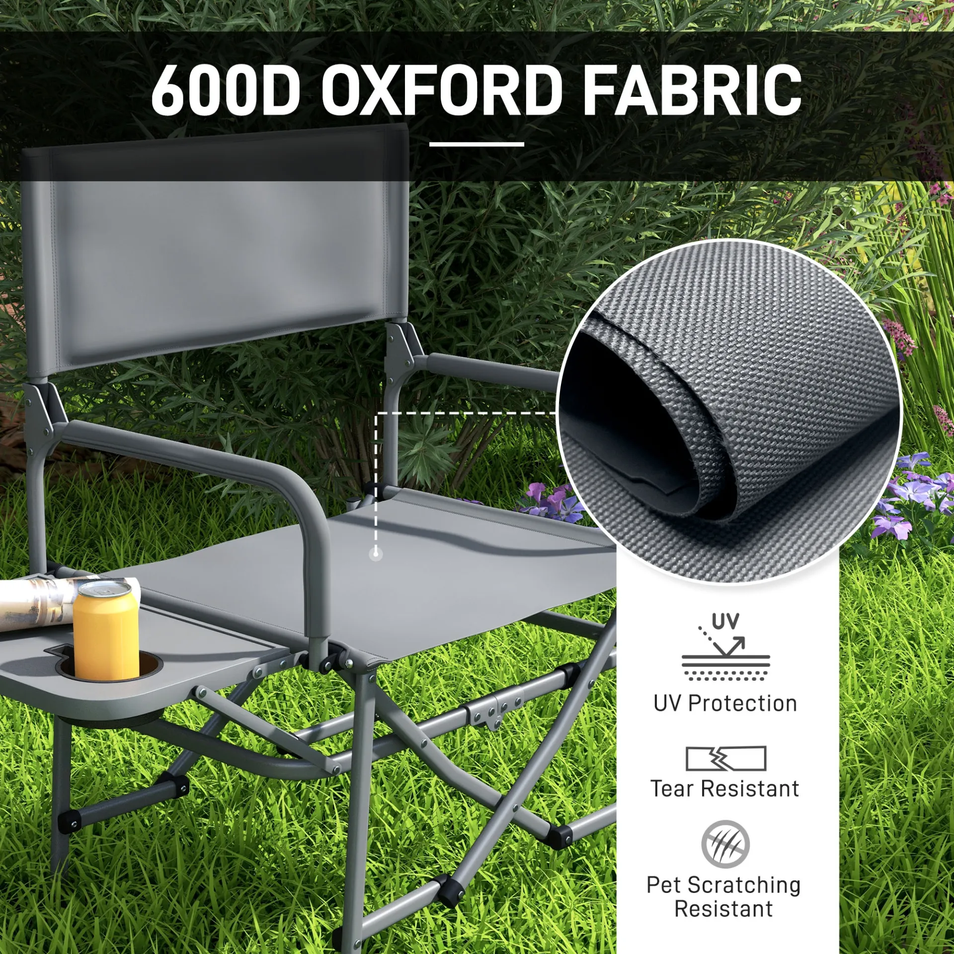 Folding Directors Camping Chair, with Side Table - Grey | Outsunny