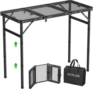 Folding Grill Table, 3 Adjustable Height Portable Picnic Table with Heat-Resistant Mesh Desktop, Lightweight Aluminum Camping Table for Outdoor, BBQ, Camping, 34.2" L x 15.7" W, Black