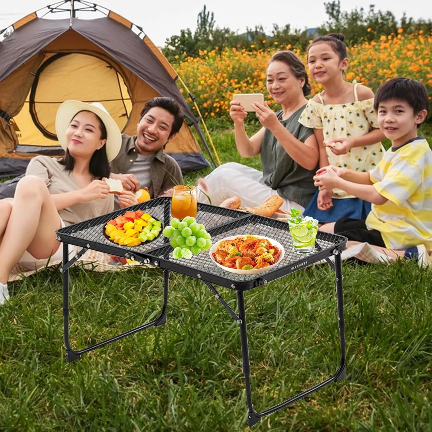 Folding Grill Table Camping Table,Height Adjustable Camping Folding Mesh Table,Outdoor Picnic Table Lightweight Metal Table for Camping Picnic Beach BBQ