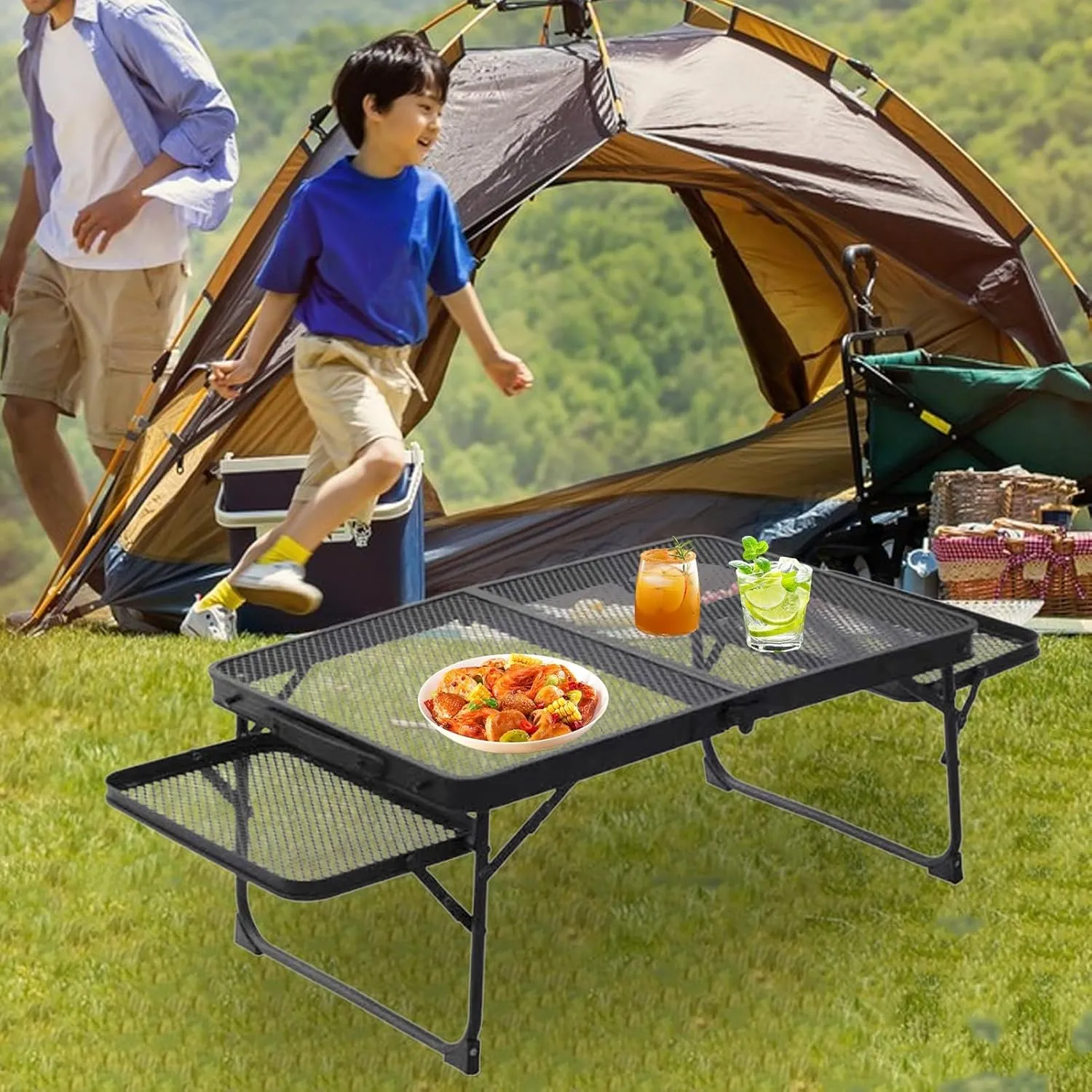 Folding Grill Table Camping Table,Height Adjustable Camping Folding Mesh Table,Outdoor Picnic Table Lightweight Metal Table for Camping Picnic Beach BBQ