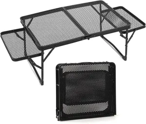 Folding Grill Table with 2 Wing Panels, Portable Metal Foldable Camping Table, Adjustable Height Lightweight Outdoor Table for Camping, Picnic, BBQ, Beach