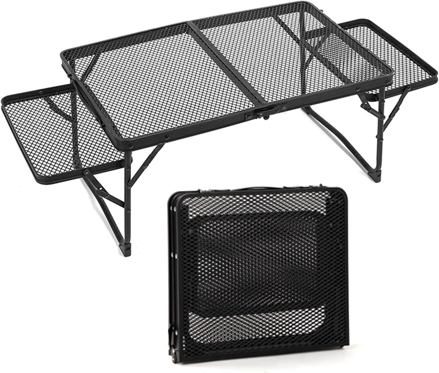 Folding Grill Table with 2 Wing Panels, Portable Metal Foldable Camping Table, Adjustable Height Lightweight Outdoor Table for Camping, Picnic, BBQ, Beach