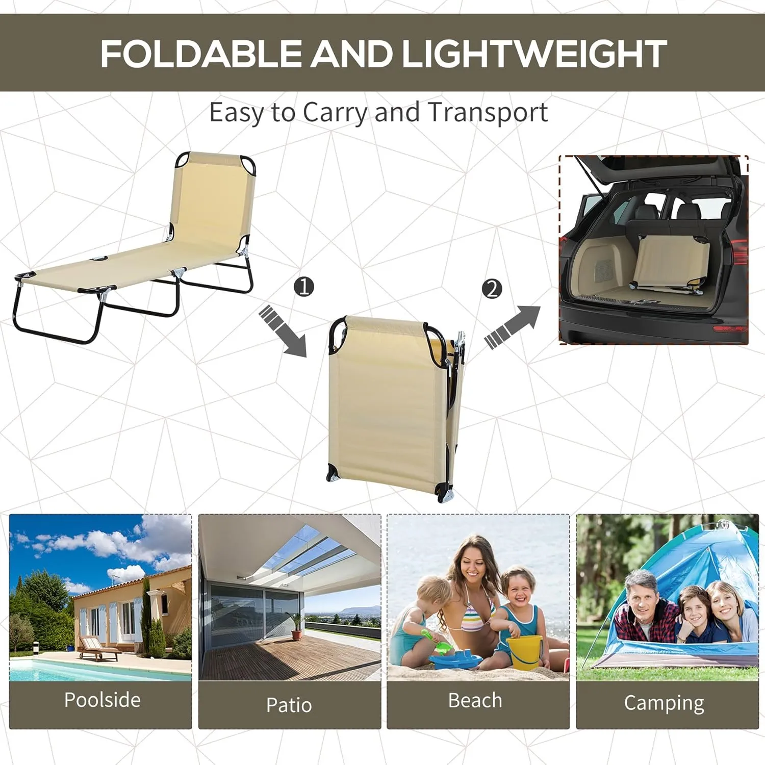 Folding Lounge Pool Chair with 4-Position Reclining Back, Breathable Mesh Seat, for Beach, Yard, Patio(77.50"×22.75"×30.00"). (Beige)