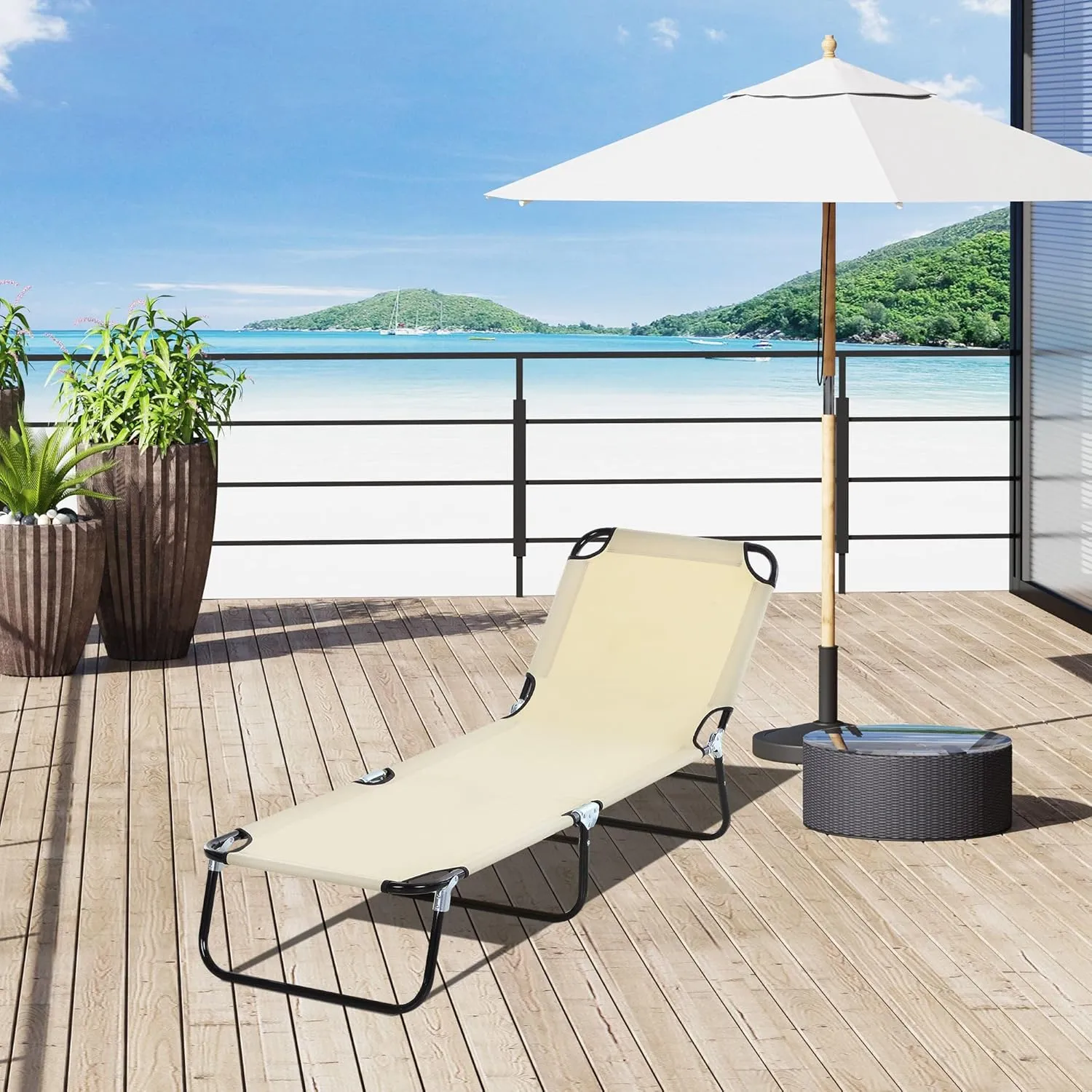 Folding Lounge Pool Chair with 4-Position Reclining Back, Breathable Mesh Seat, for Beach, Yard, Patio(77.50"×22.75"×30.00"). (Beige)