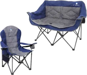 Folding Loveseat Camping Chair Portable Double Padded Garden Chair, Sofa & Oversized Portable Camping Chair, Full Padded Outdoor Folding Chair (Blue)