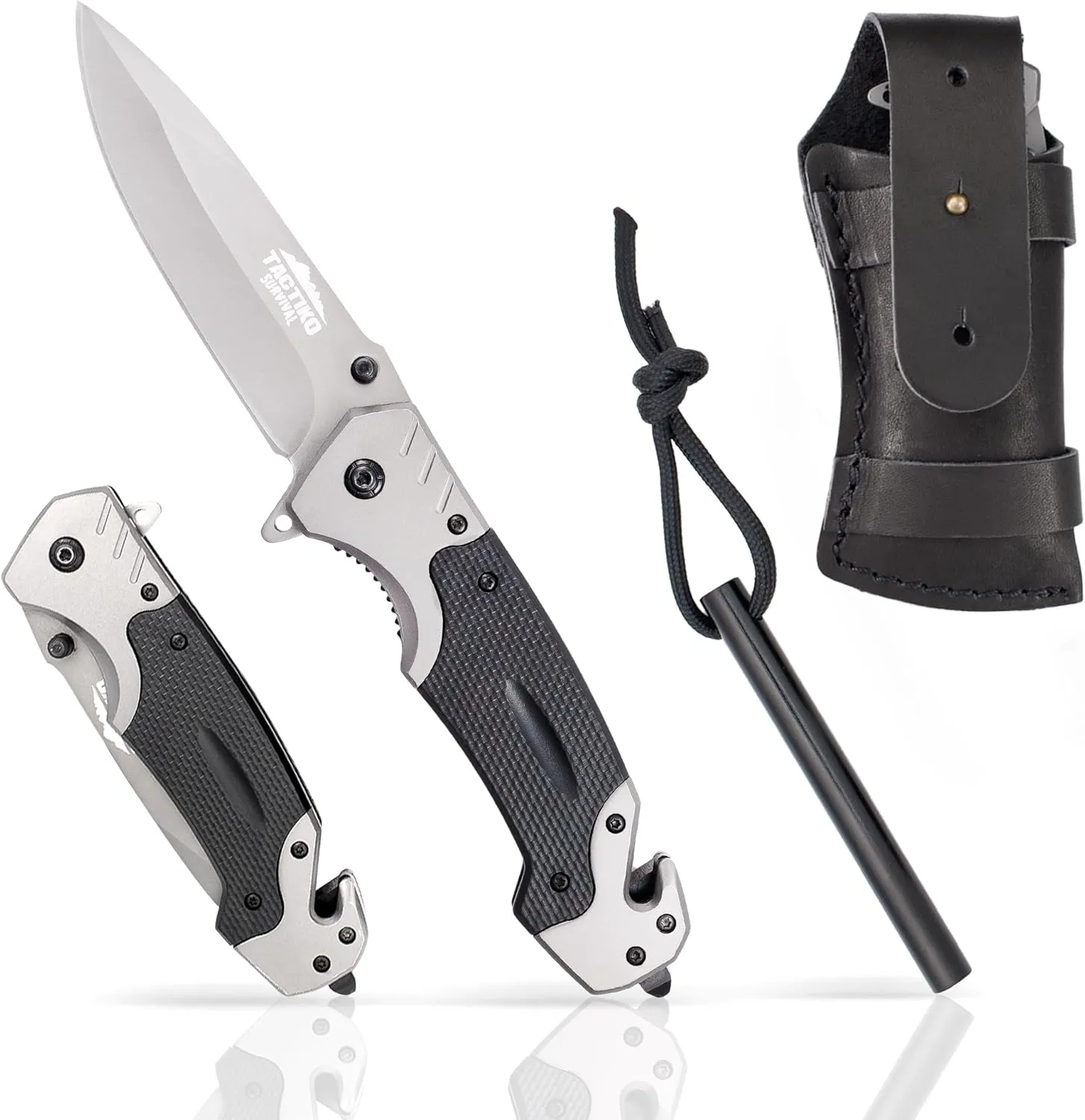 Folding Pocket Knife for Men with Fire Starter and Leather Belt Pouch - Emergency Tool Seatbelt Cutter, Glass Breaker, Magnesium Flint - Best for Camping, Hiking, Hunting (Black)
