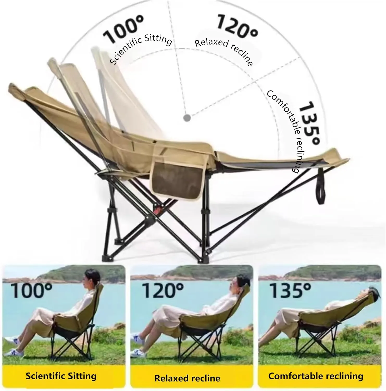 Folding Reclining Camping Chair with Adjustable Backrest and Footrest Camping Lounge Chair for Outdoor Camp Hiking Beach Travel Picnic BBQ (Khaki)