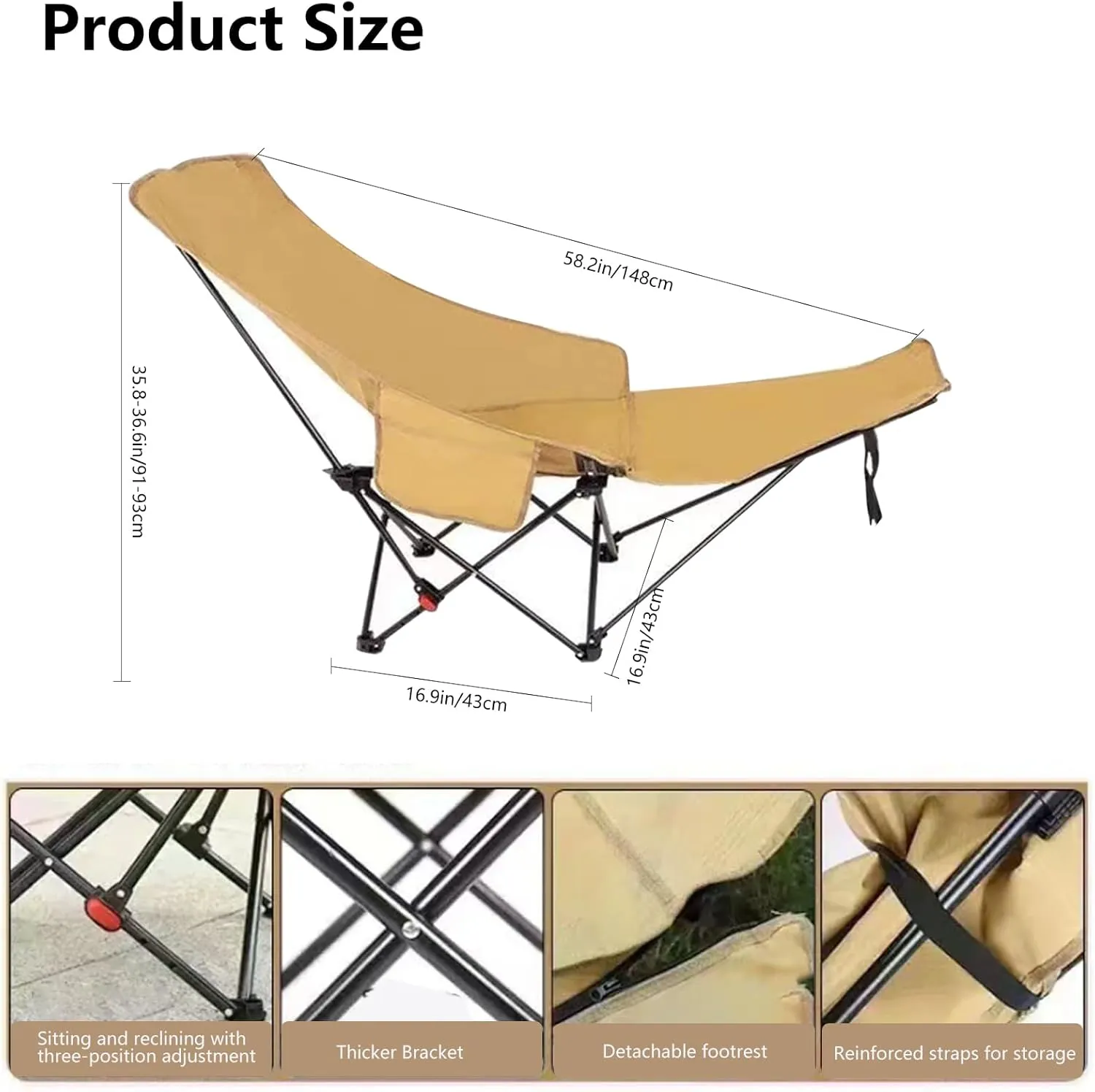 Folding Reclining Camping Chair with Adjustable Backrest and Footrest Camping Lounge Chair for Outdoor Camp Hiking Beach Travel Picnic BBQ (Khaki)
