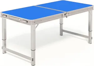 Folding Table, 3 Adjustable Height Camping Table, Aluminum Portable Table with Handle, 3 Fold Lightweight Beach Table with 150Kg Load Bearing, for Picnic, Party, Camping(Color:Blue,Size:150cm/59in)