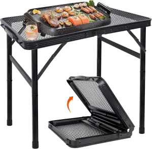 FORUP Small Folding Table, Camping Table with Mesh Desktop, Portable Picnic Table with Carry Handle, Height Adjustable Portable Grill Table for Outside Inside Use